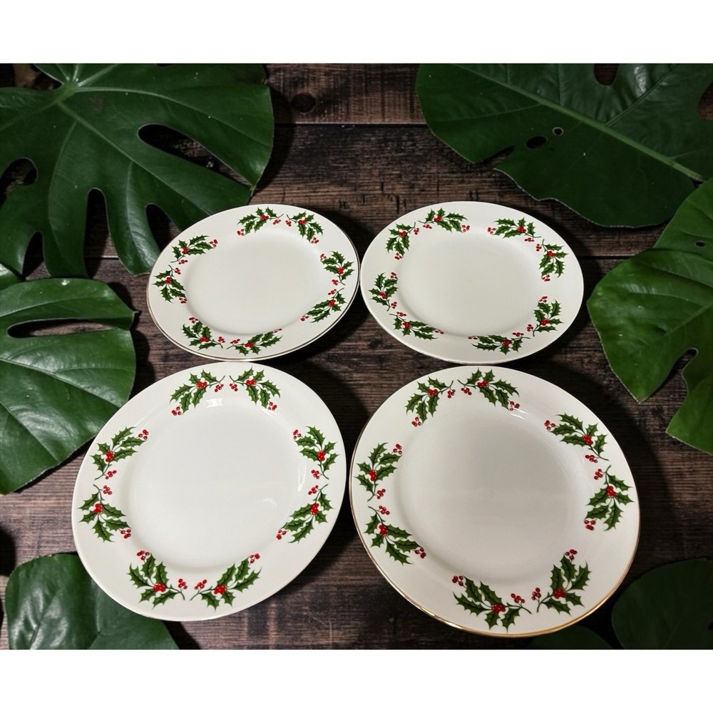 Set Of 4 Cake Plates Plate Porcelain Christmas Holly‎ Berries Pattern Gold Trim